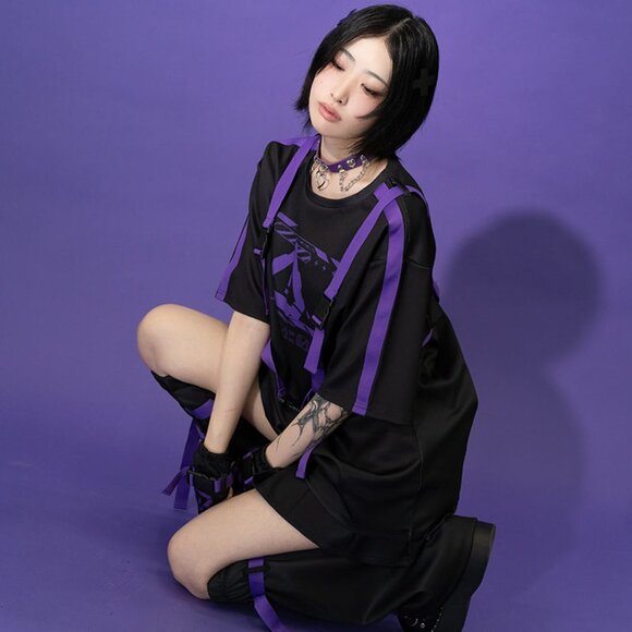 ACDC RAG - Error Code Cyberpunk Tech Oversized Black Purple Tee - Picture 7 of 9